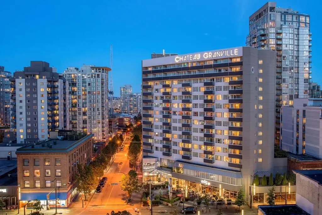 Chateau Granville hotel at dusk on Granville Street, downtown Vancouver