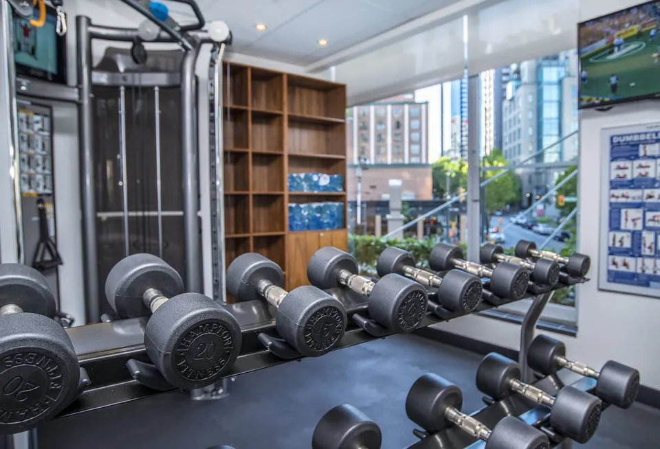 Set of dumbbells on a weight rack