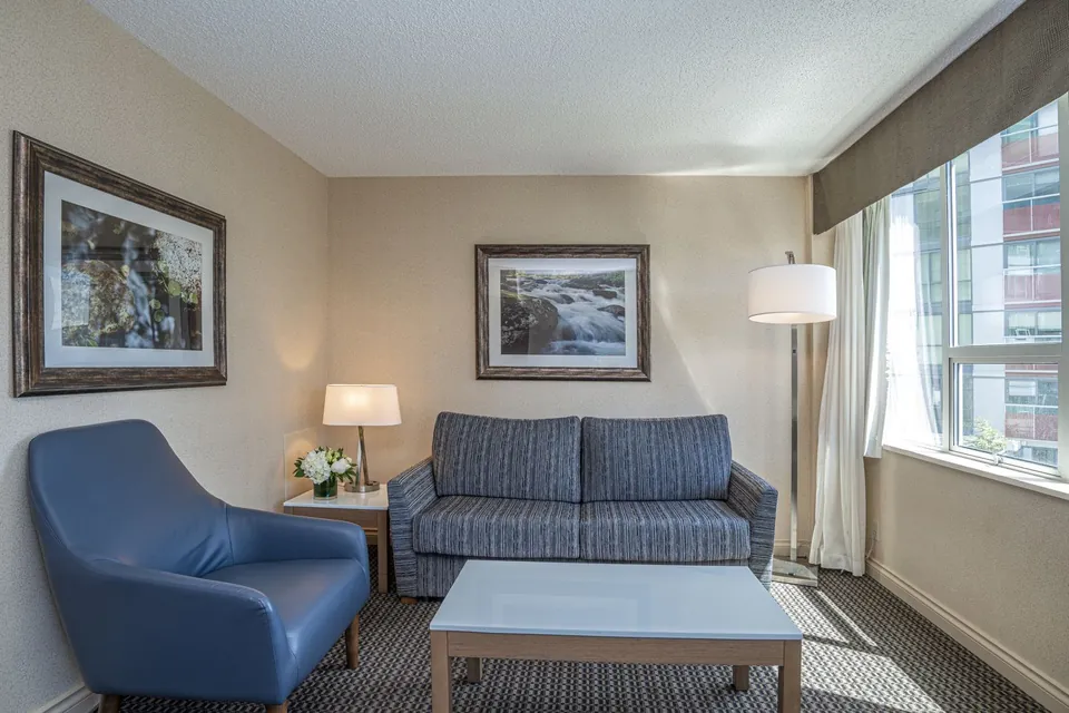 Seating area with couch and chair in hotel