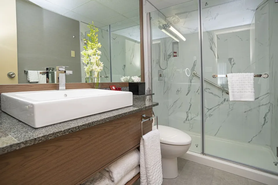 Modern sink and shower in hotel bathroom