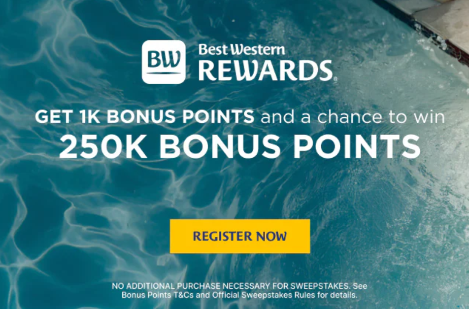 Best Western Rewards Summer 2026 promotion graphic — earn 1,000 bonus points per night and a chance to win 250,000 bonus points